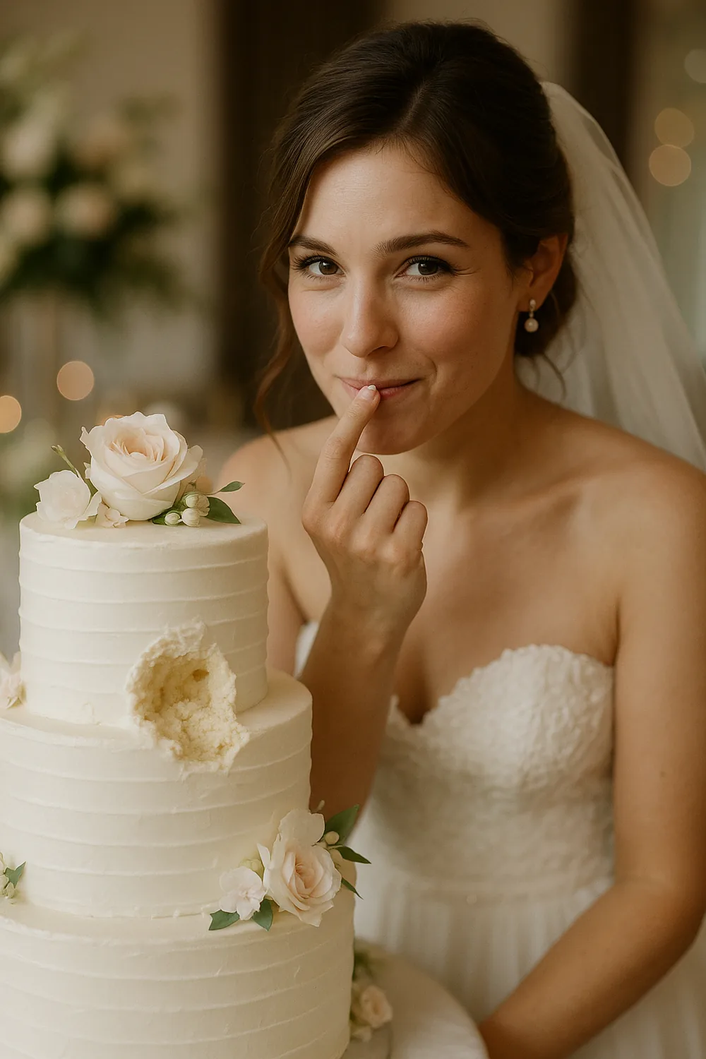 Bride secretly tasting her three-tier wedding cake