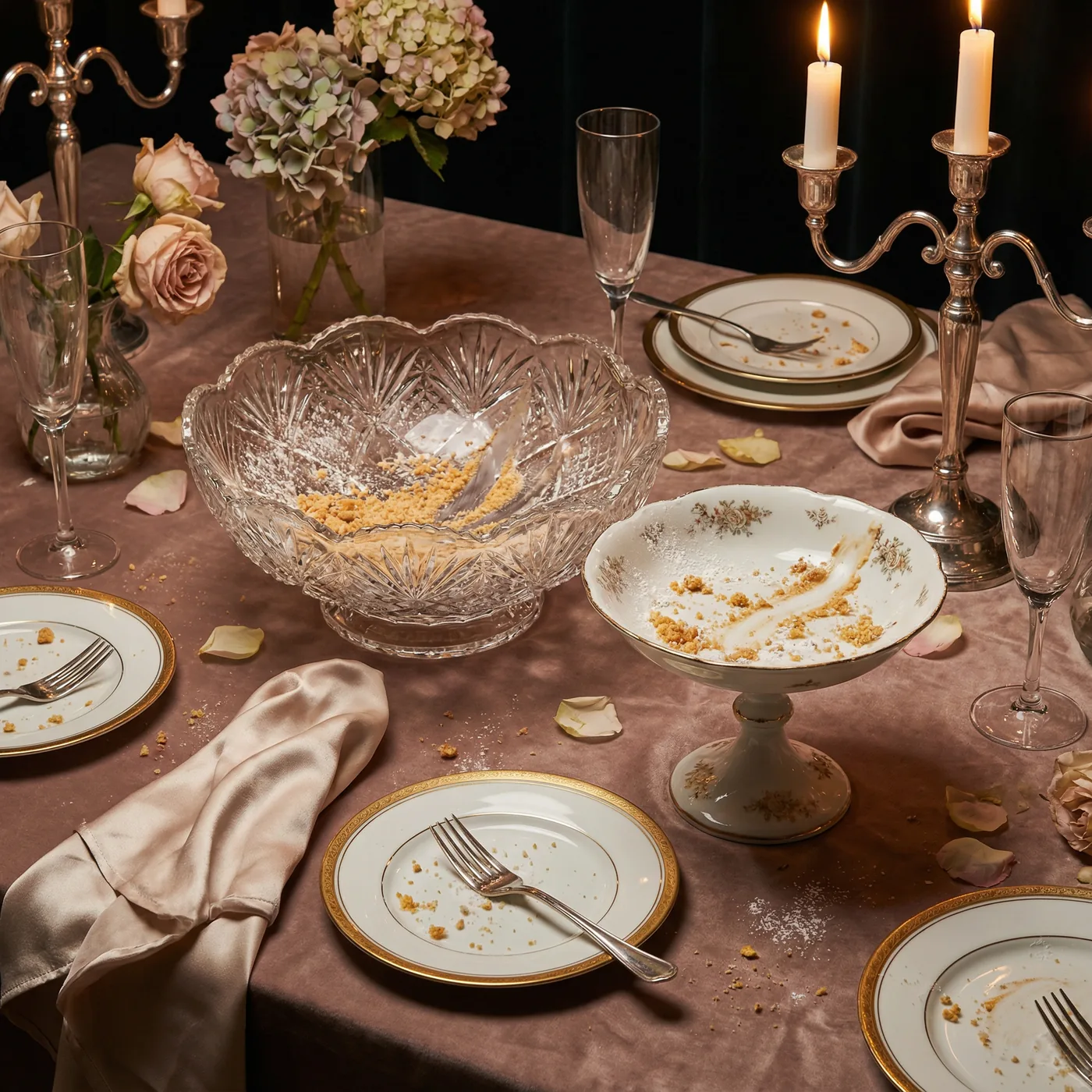 Festive table after dessert — only crumbs are left
