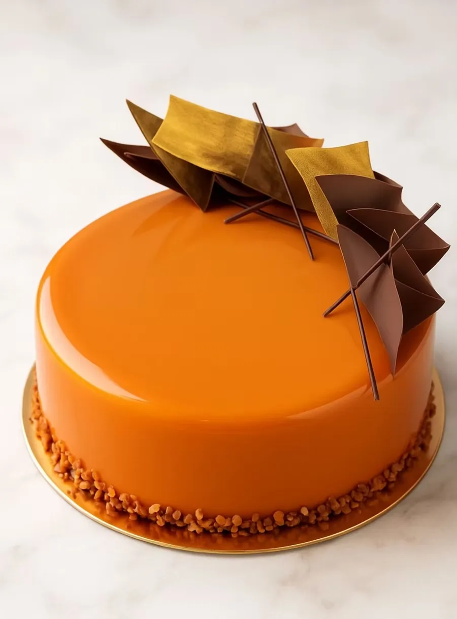 Orange entremet with mirror glaze and chocolate decoration