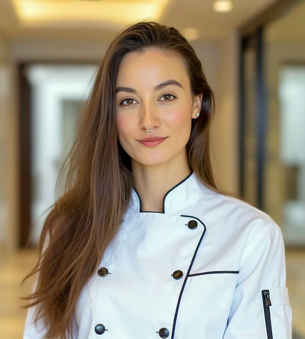 Sara Panic, chef pâtissière, in a white chef's jacket